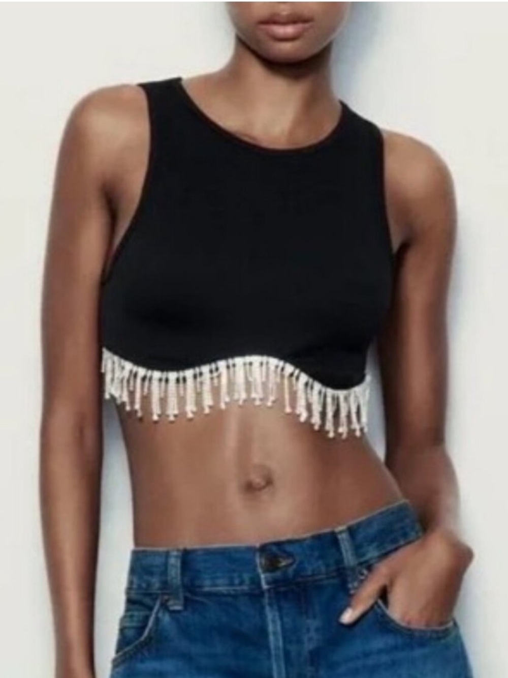 Zara Black Crop Top with Beaded Fringe XS/S